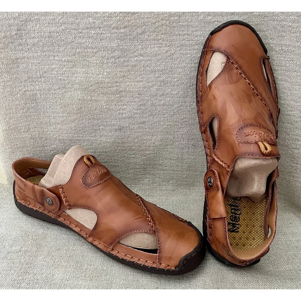 Mens Sz 47 US 13.5 - 14 Leather Sandals Rubber Soles Summer Casual Italy Menico